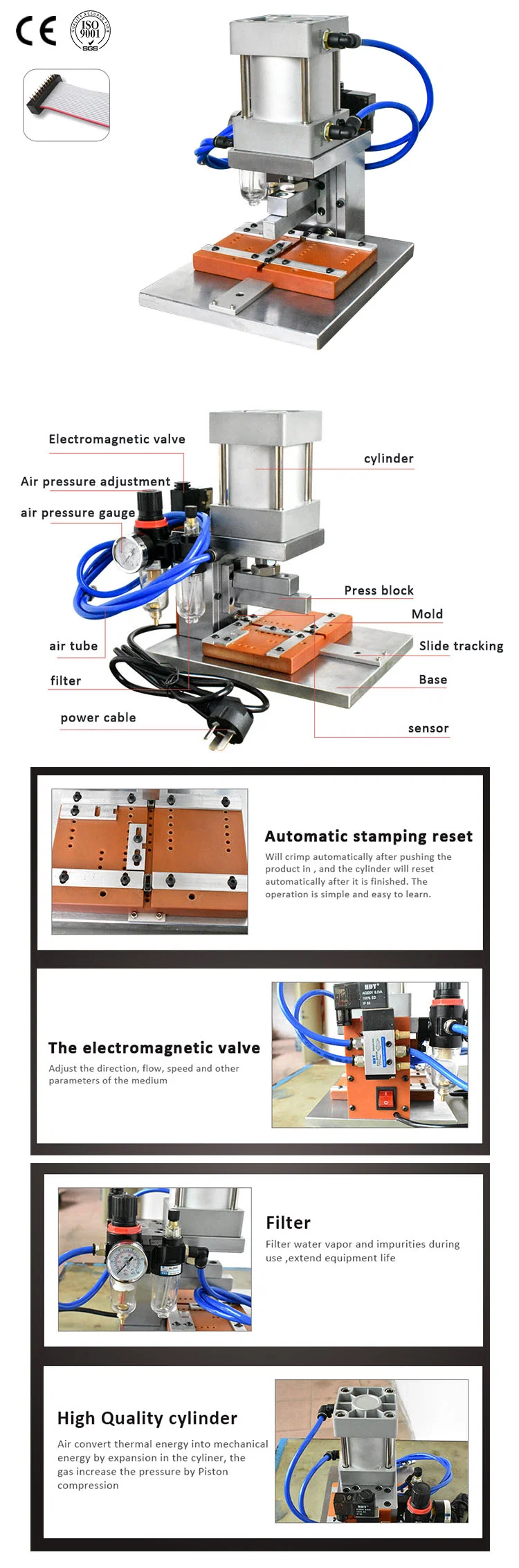 4-64P Idc Flat Ribbon Cavo Connettore Crimpatrice Automatica, Ffc Wire Pneumatic Press Timbratrice Automatica, Semi-automatica 4-60 Pin Pin Cavo A Nastro Fe-maschio Connettore Crimpatrice Per Idc Flat Cable Crimping Machine